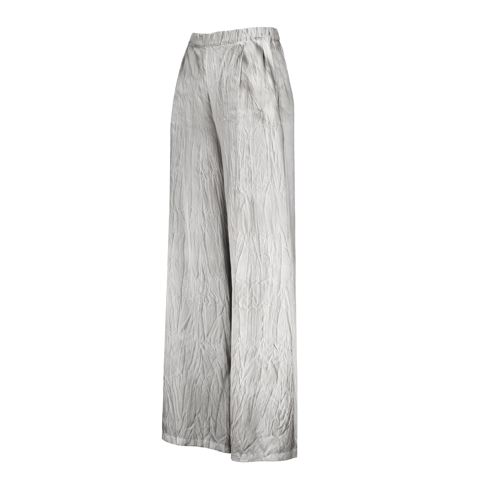 Crumpled Effect Silk Palazzo Pants in Fango
