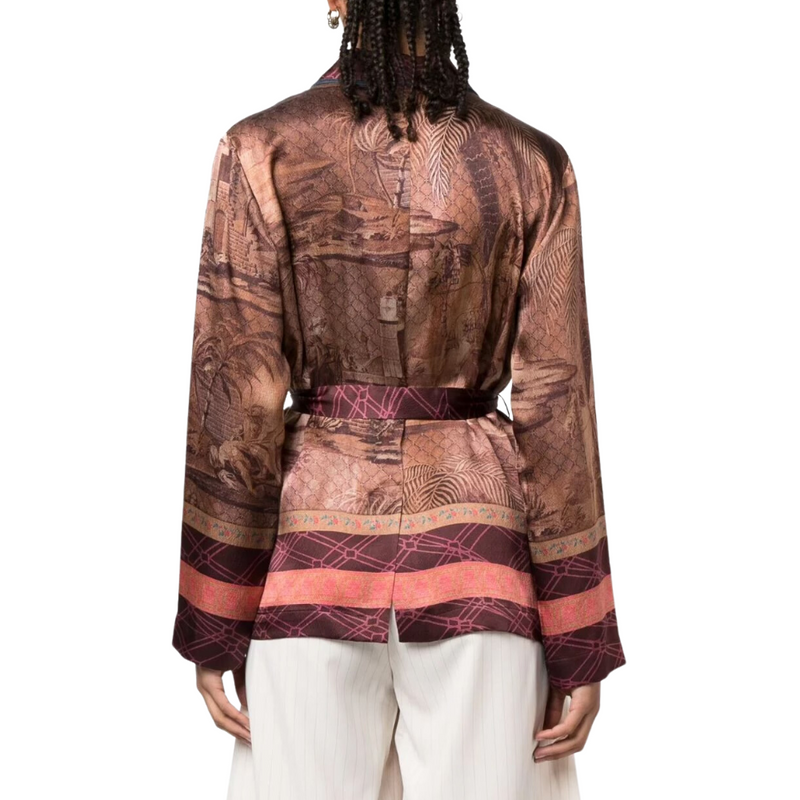 Kamut belted silk blazer in brown and multicolour