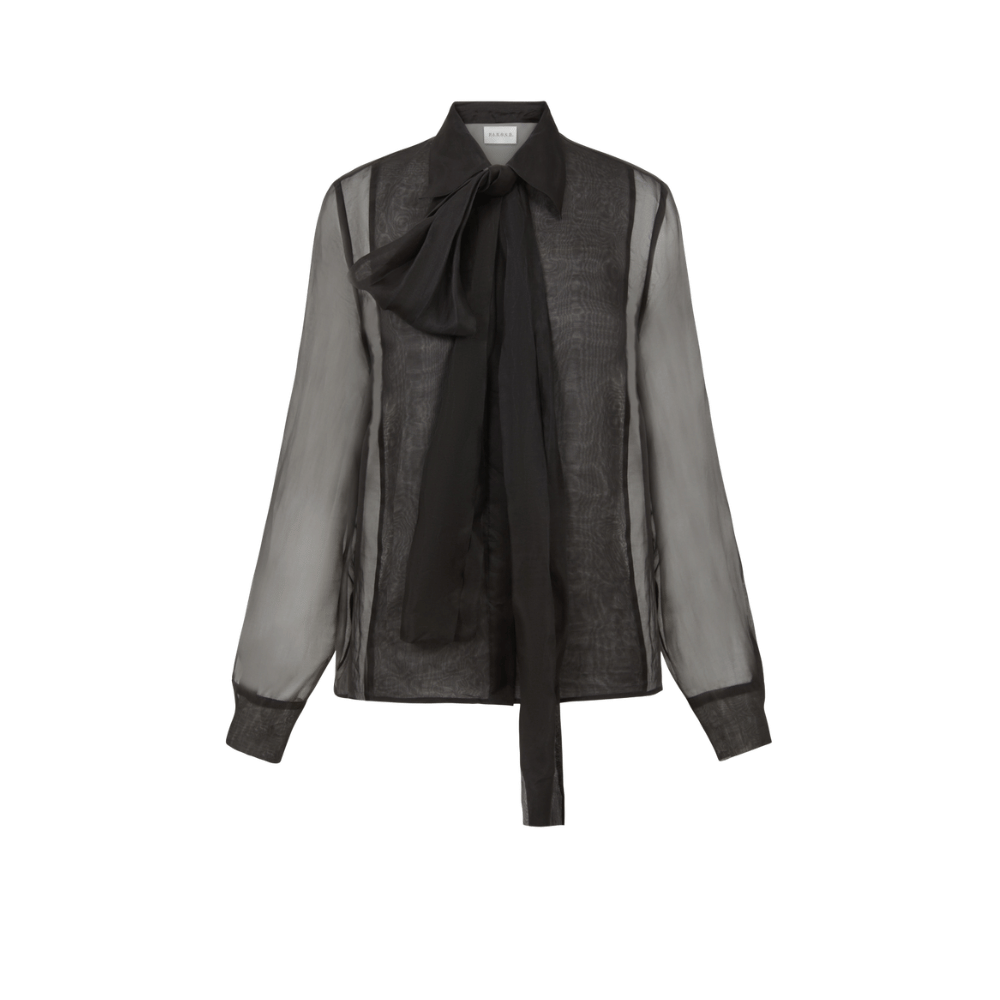 P.A.R.O.S.H. Sheer Silk Bow Blouse in Black – International designer fashion boutique Australia Riada Concept Woollahra