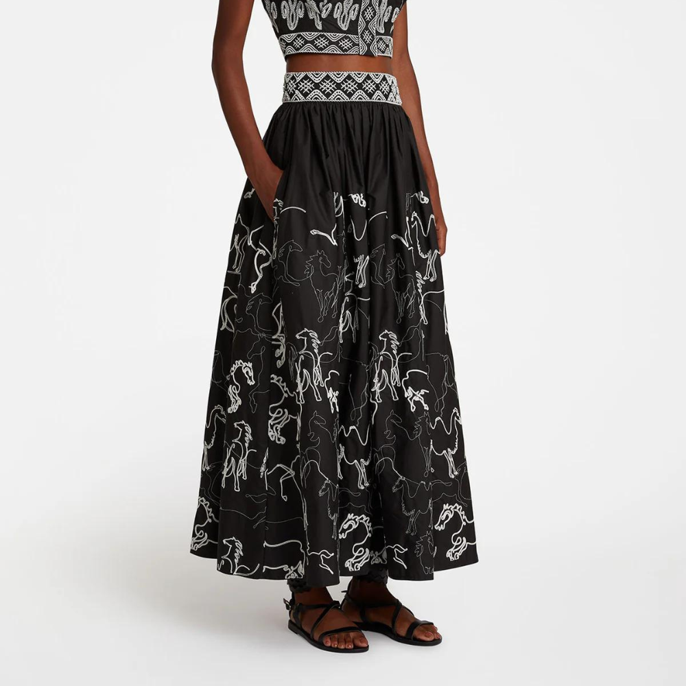 Ombretta Skirt with Wild Horse Embroidery in black