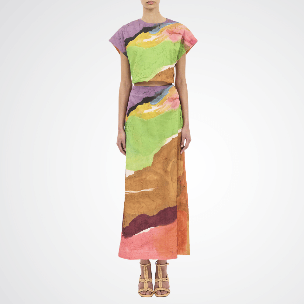 Ulla Johnson Inez Crinkled Satin Pencil Midi Skirt in Nature Abhors a Vacuum Print – International designer fashion boutique Australia Riada Concept Woollahra