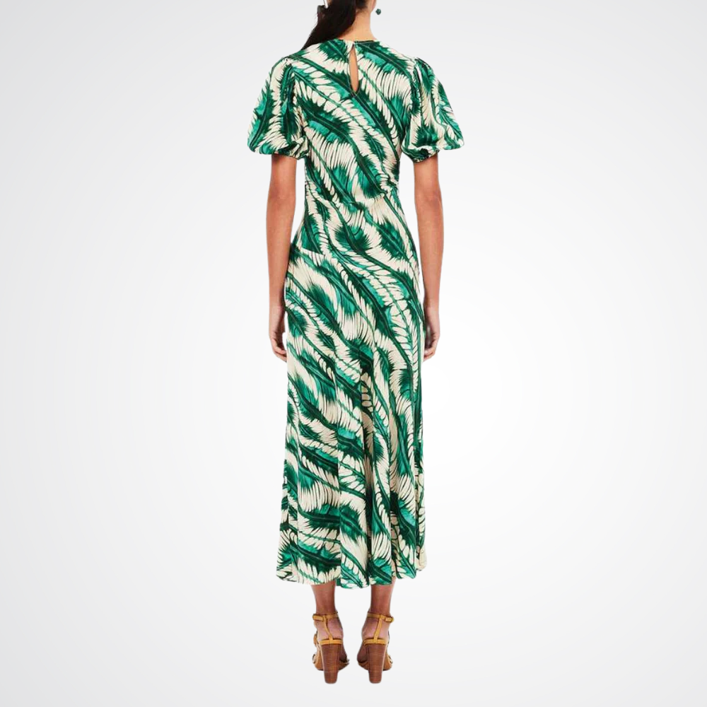 Ulla Johnson Ines Puff Sleeve Round Neck Midi Dress in Green and Cream Shibori Wave Print ULLA JOHNSON Designer fashion shop online and in store High End fashion boutique Sydney Australia Riada Concept