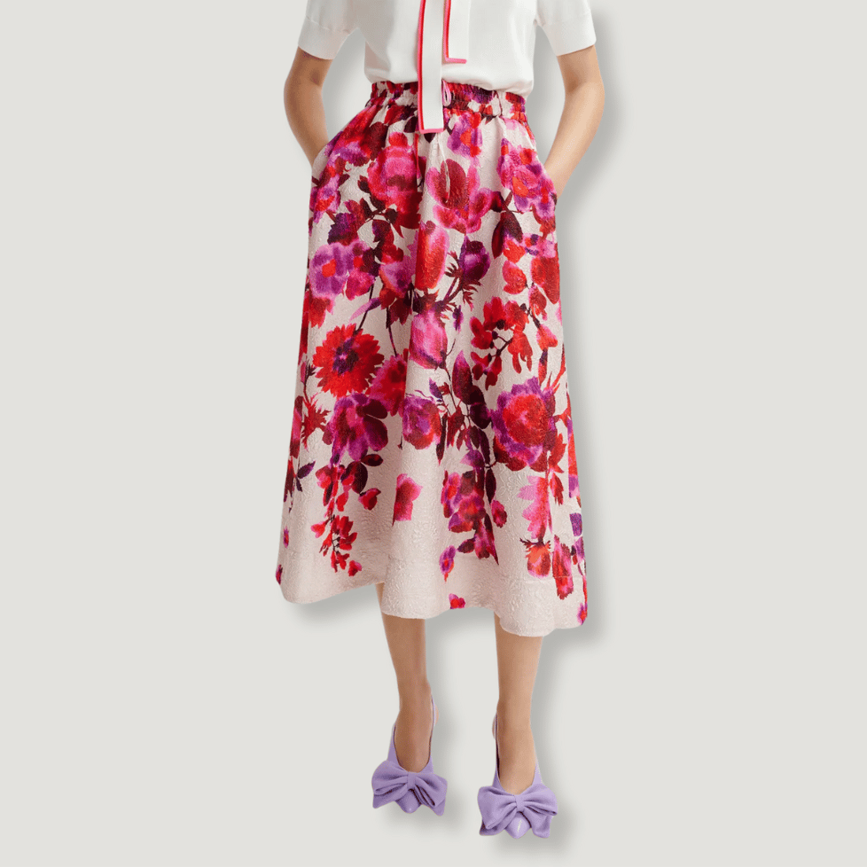 Essentiel Antwerp Harbour Floral Jacquard A-Line Midi Skirt in Off-White ESSENTIEL ANTWERP Designer fashion shop online and in store High End fashion boutique Sydney Australia Riada Concept