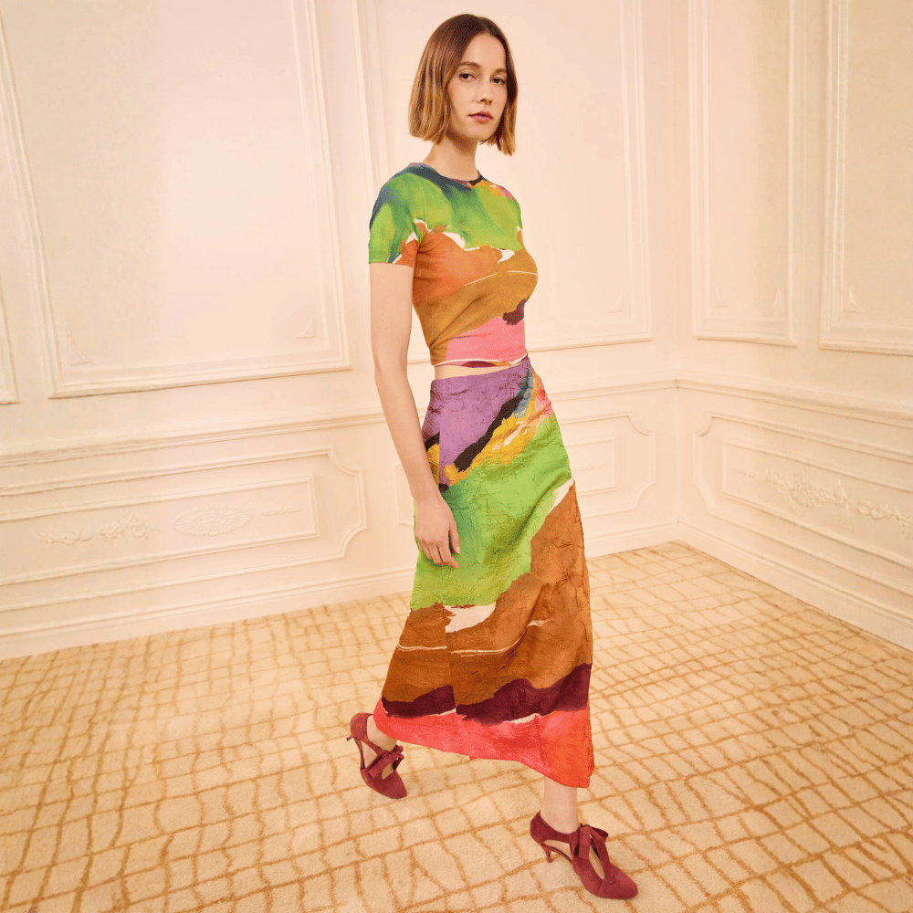 Ulla Johnson Inez Crinkled Satin Pencil Midi Skirt in Nature Abhors a Vacuum Print – International designer fashion boutique Australia Riada Concept Woollahra