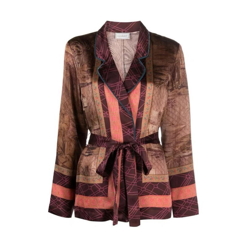Kamut belted silk blazer in brown and multicolour