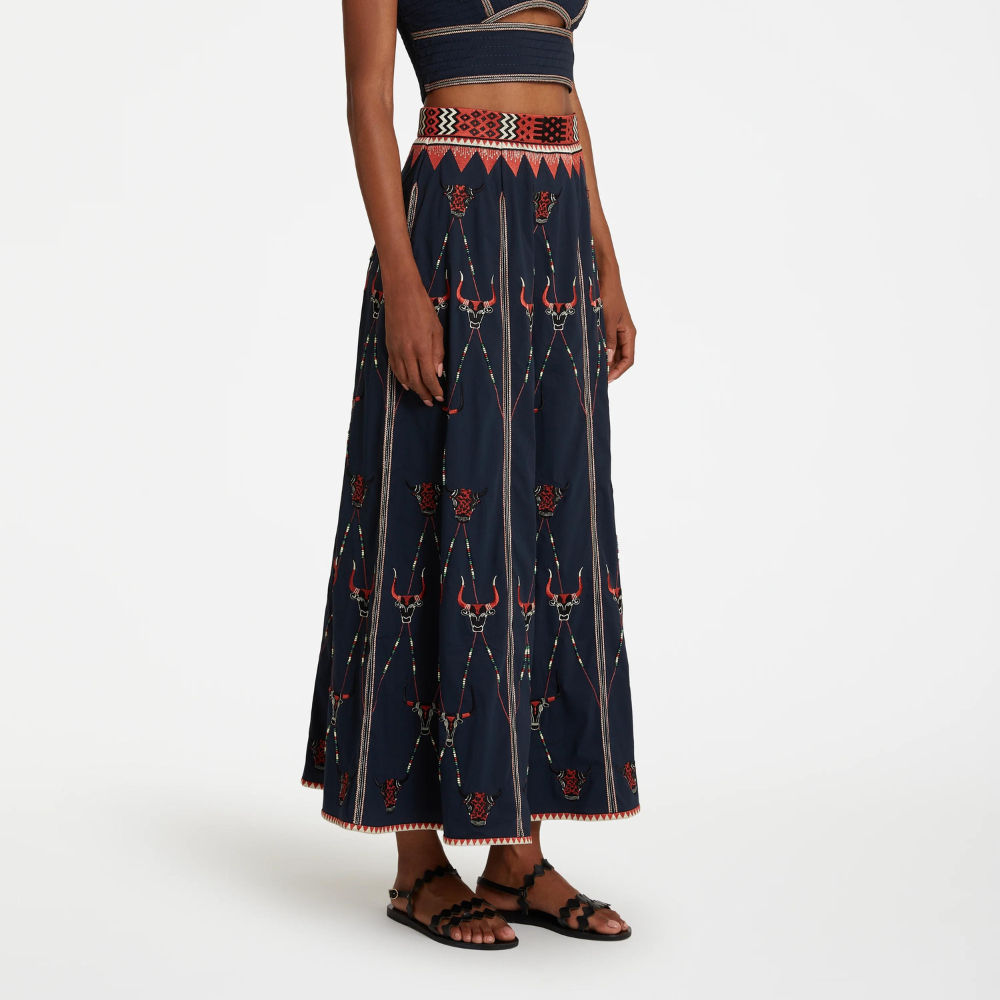 Camille Skirt with Sacred Bulls Embroidery in blue