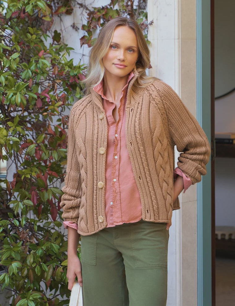 Frank & Eileen Mini Cotswolds Cropped Cable Knit Cardigan in Camel