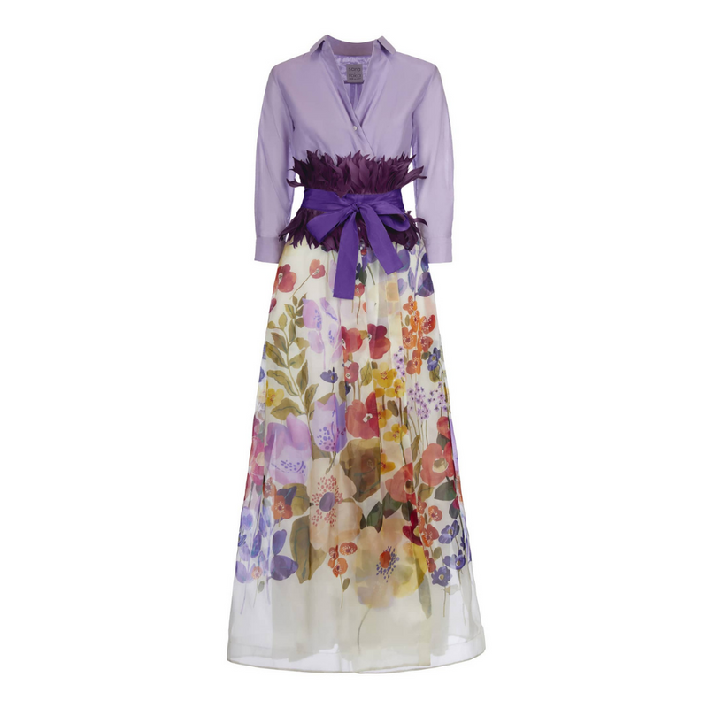 Jemma long Floor length wrap shirtdress in lilac and multicolour