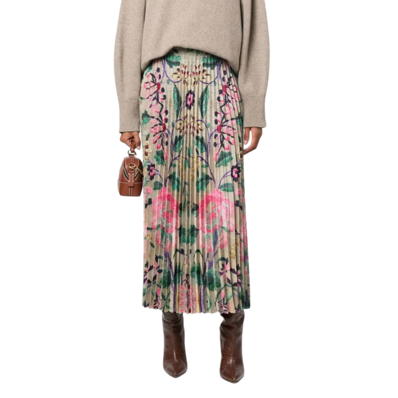 Ceto plissé straight skirt in beige and multicolour