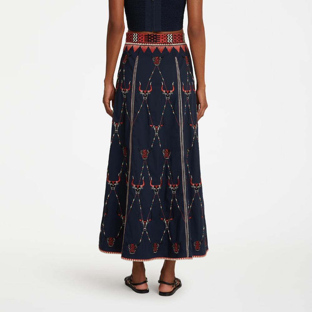 Camille Skirt with Sacred Bulls Embroidery in blue