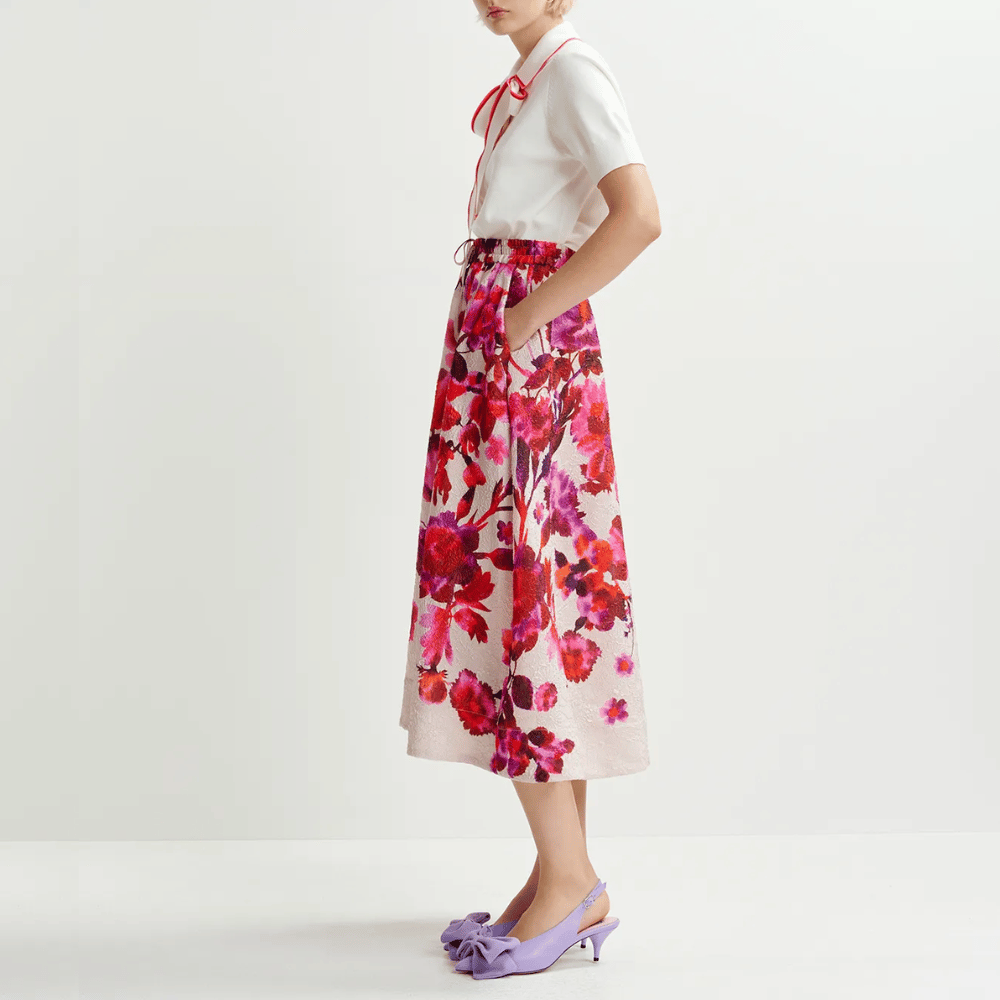 Essentiel Antwerp Harbour Floral Jacquard A-Line Midi Skirt in Off-White ESSENTIEL ANTWERP Designer fashion shop online and in store High End fashion boutique Sydney Australia Riada Concept