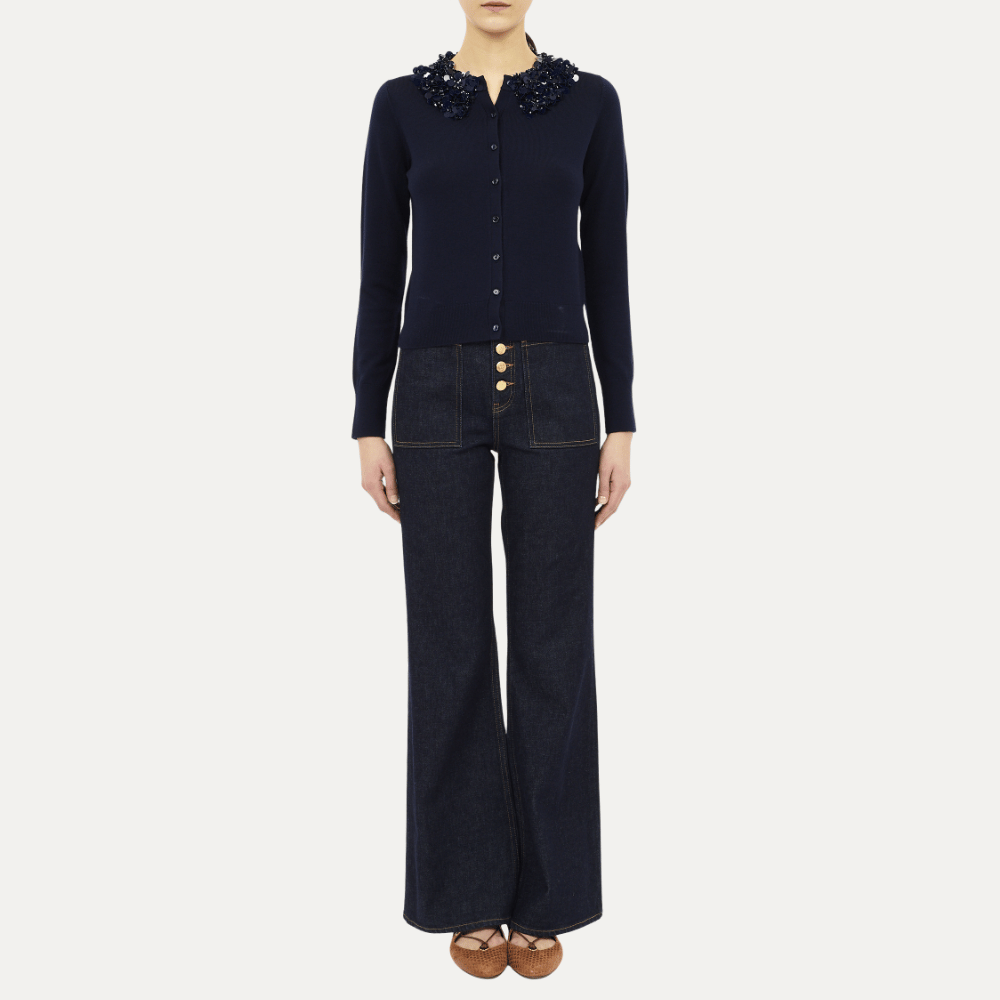 Anna Long-Sleeve Embellished Cardigan in Midnight
