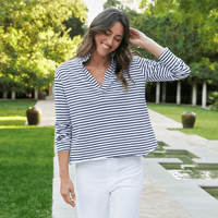 Frank &amp; Eileen Patrick Popover Henley in Navy White Stripe Shop Frank & Eileen online in Australia at Riada Concept – official stockist of Frank & Eileen shirts, dresses, and linen pants. Discover timeless, premium women's fashion with fast shipping from Sydney.