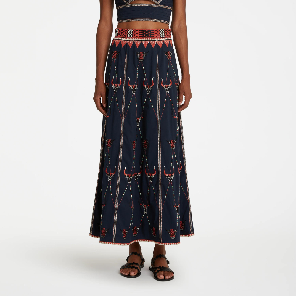 Camille Skirt with Sacred Bulls Embroidery in blue