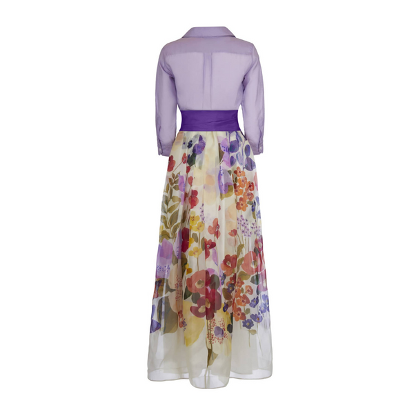 Jemma long Floor length wrap shirtdress in lilac and multicolour