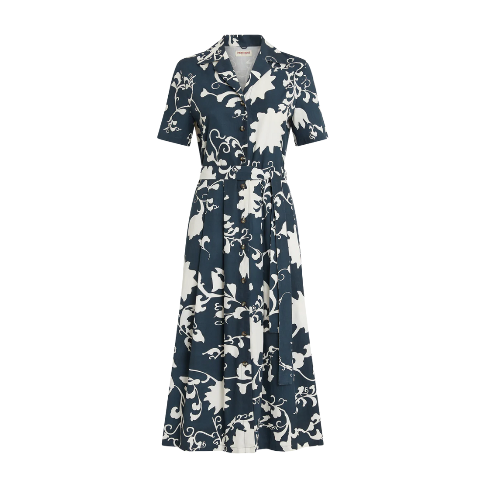 Claudia Flower Screen Cotton Dress in Blue