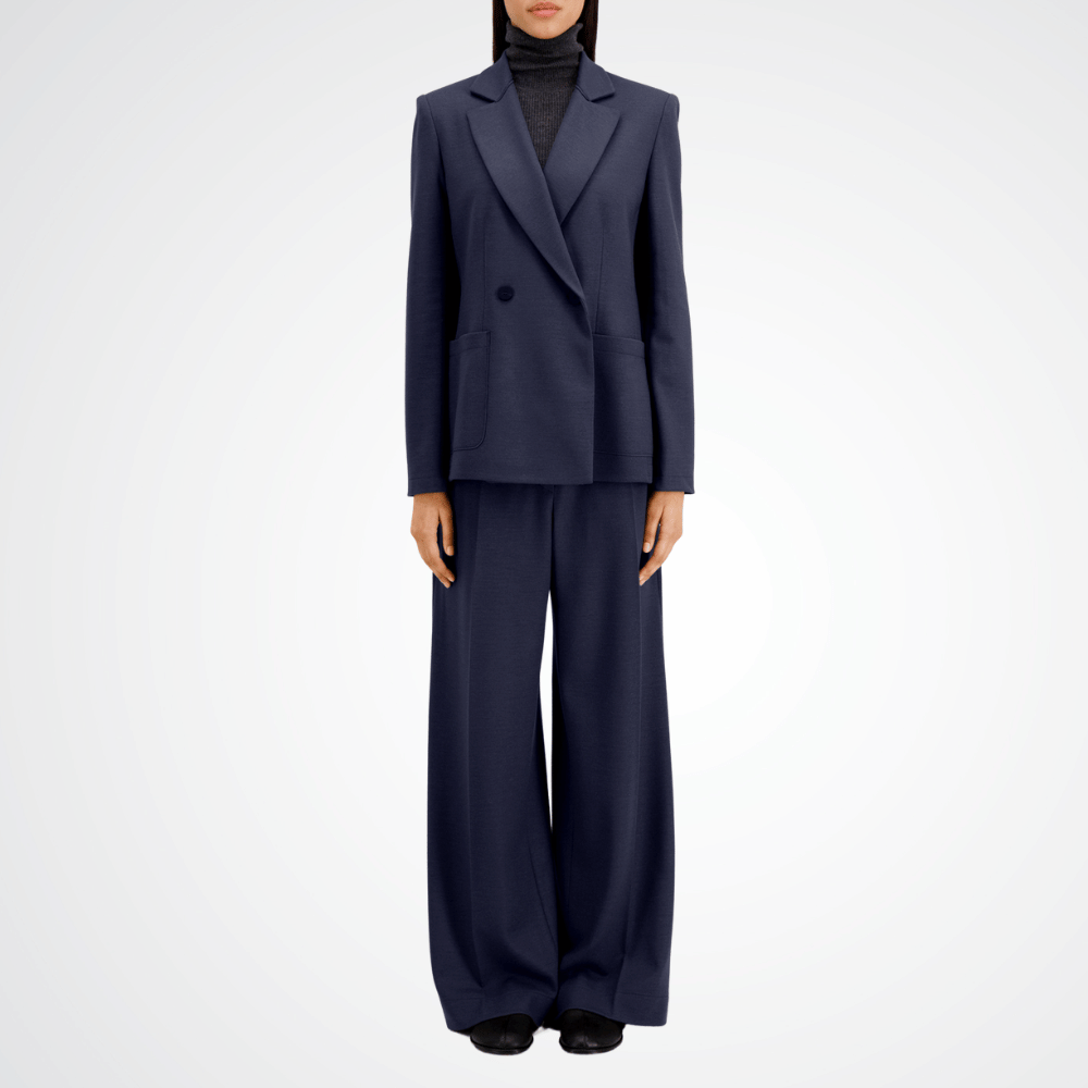 Harris Wharf London Tailored Hip Length Double-Breasted Padded-Shoulder Blazer in Navy Blue HARRIS WHARF LONDON Designer fashion shop online and in store High End fashion boutique Sydney Australia Riada Concept