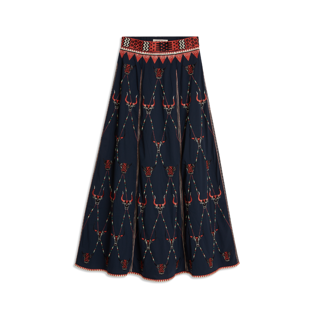 Camille Skirt with Sacred Bulls Embroidery in blue