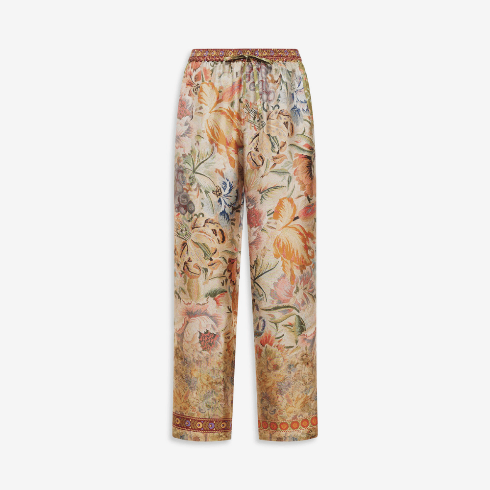 Pierre-Louis Mascia Aloe Silk Trousers in Green and Peach Botanical Tapestry Shop PIERRE LOUIS MASCIA designer fashion online or in-store at Riada Concept, Sydney’s high-end fashion boutique in Australia.