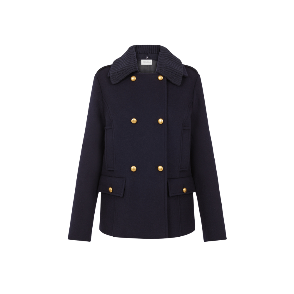 P.A.R.O.S.H. Gold Button Wool Pea Coat in Navy – International designer fashion boutique Australia Riada Concept Woollahra