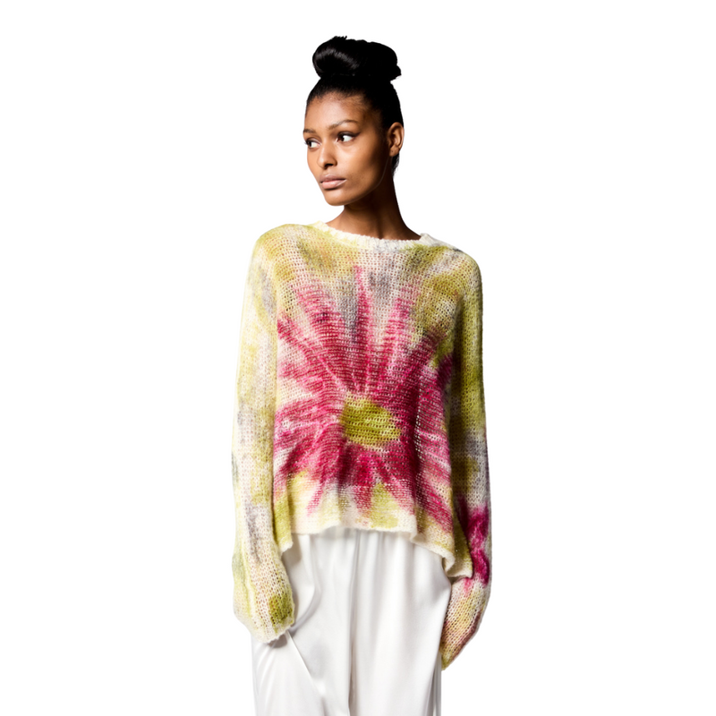 Exploded flower brushed cashmere silk pullover in clematis
