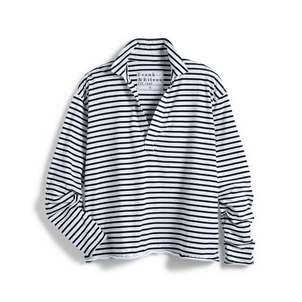 Frank &amp; Eileen Patrick Popover Henley in Navy White Stripe Shop Frank & Eileen online in Australia at Riada Concept – official stockist of Frank & Eileen shirts, dresses, and linen pants. Discover timeless, premium women's fashion with fast shipping from Sydney.