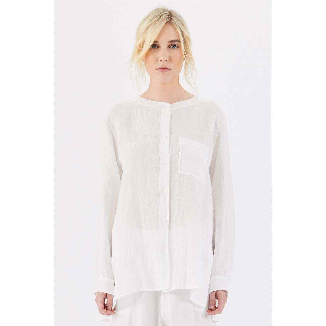 Linen Collarless Shirt in White