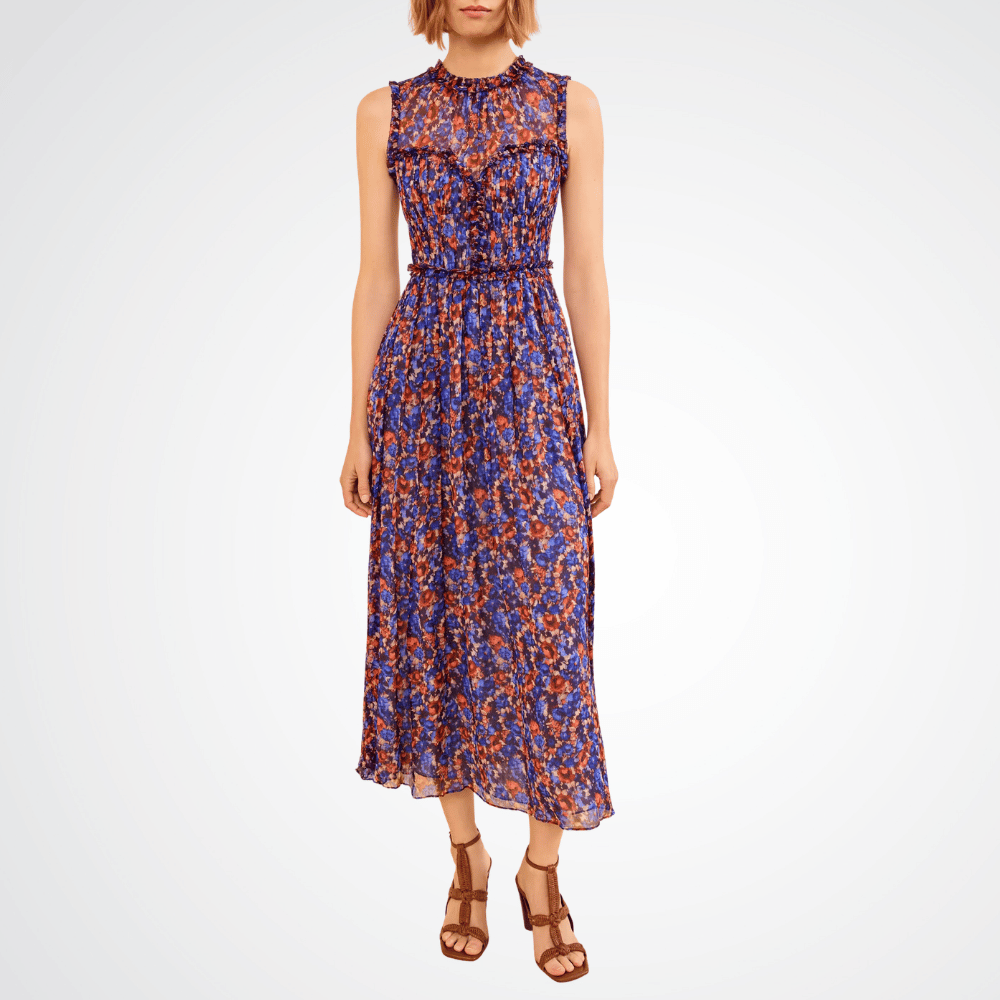 Ulla Johnson Kasia Crinkled Silk Chiffon Midi Dress in Violet Floral Print – International designer fashion boutique Australia Riada Concept Woollahra
