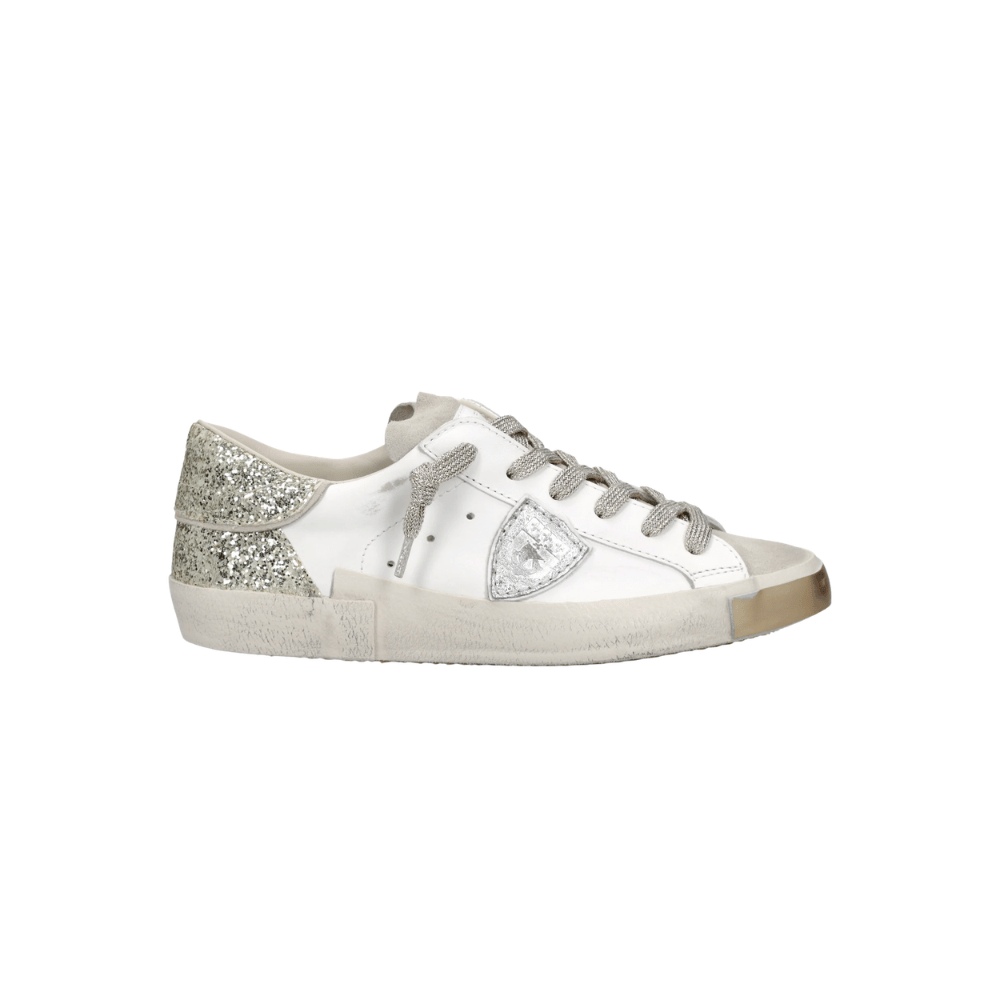 Philippe Model PRSX Glitter Low-Top Sneakers in White Gold – International designer fashion boutique handmade designer leather sneakers Australia Riada Concept Woollahra