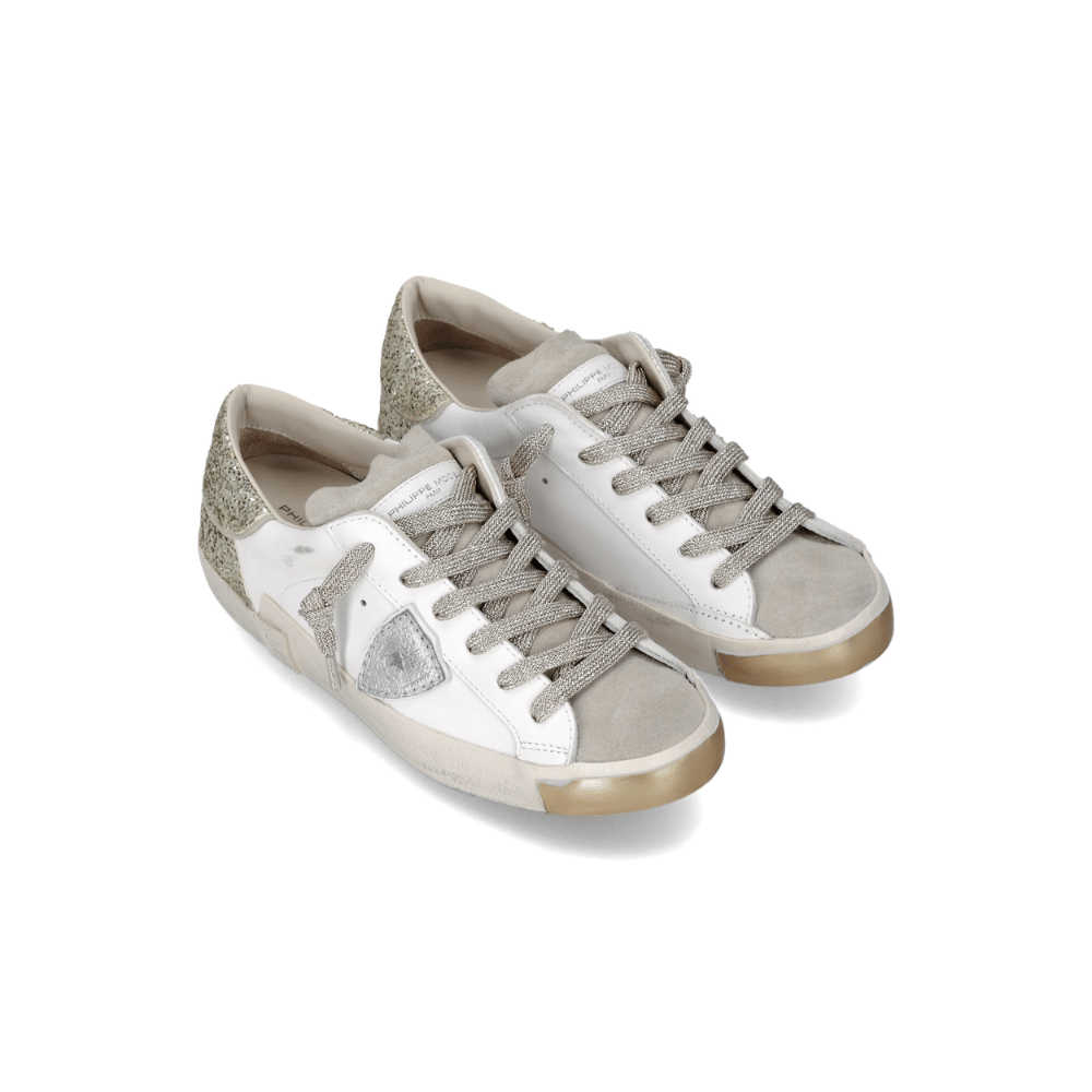 Philippe Model PRSX Glitter Low-Top Sneakers in White Gold – International designer fashion boutique handmade designer leather sneakers Australia Riada Concept Woollahra
