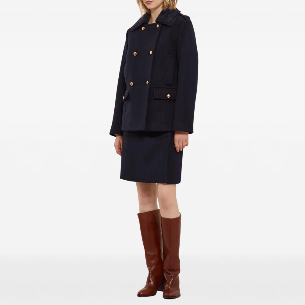 P.A.R.O.S.H. Gold Button Wool Pea Coat in Navy – International designer fashion boutique Australia Riada Concept Woollahra
