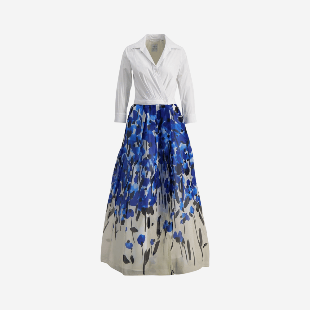 Sara Roka Jinny Long Dress in Blue Garden and White – International designer fashion boutique Australia Riada Concept Woollahra