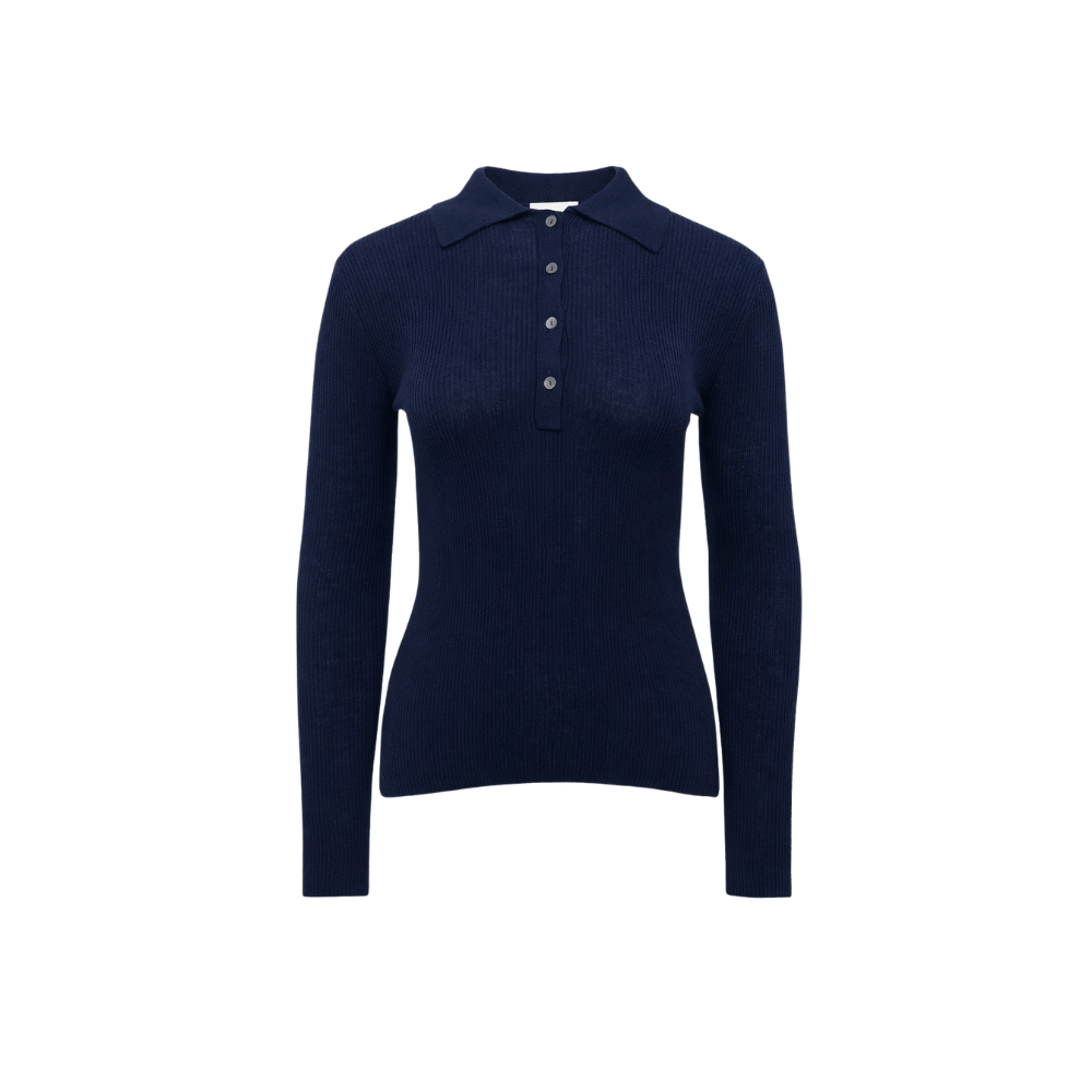 P.A.R.O.S.H. Ribbed Wool Polo Knit Top in Navy – International designer fashion boutique Australia Riada Concept Woollahra