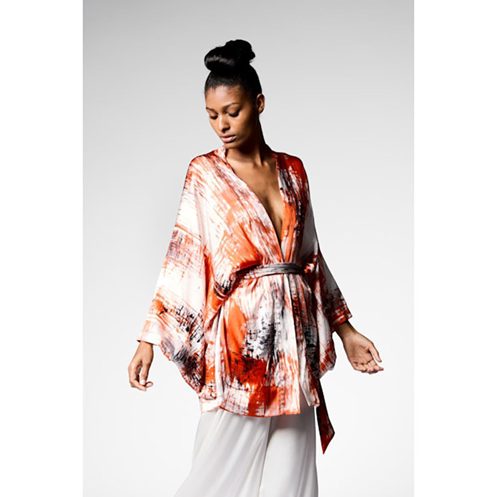 Brushed effect silk kimono with belt in mandarancio