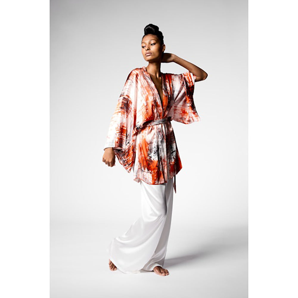 Brushed effect silk kimono with belt in mandarancio