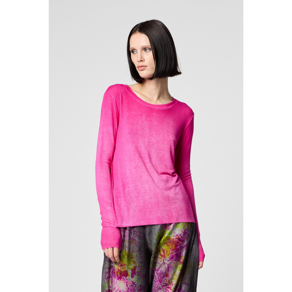 HAND PAINTED RIBBED MODAL ROUND NECK LONG SLEEVES T SHIRT IN PINK