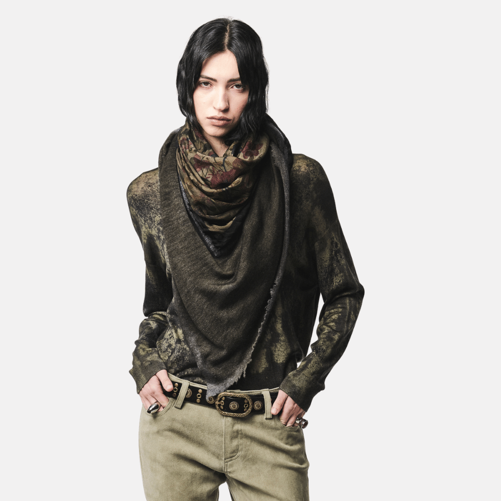 One-of-a-Kind Foulard Scarf with Destroyed Edges 120 x 120 in Moss - International designer fashion boutique Australia Riada Concept Woollahra