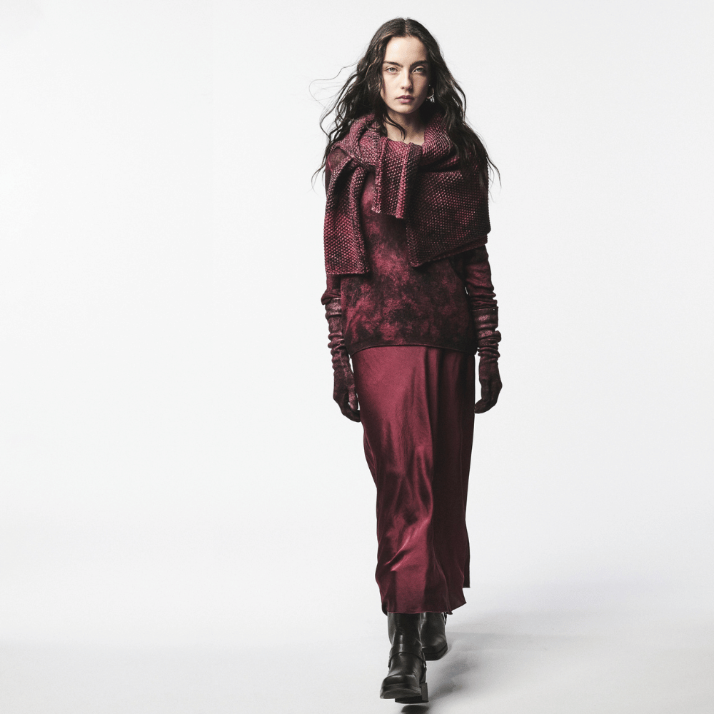 Avant Toi Hand-Painted Stretch Silk Midi Skirt in Wine - International designer fashion boutique Australia Riada Concept Woollahra