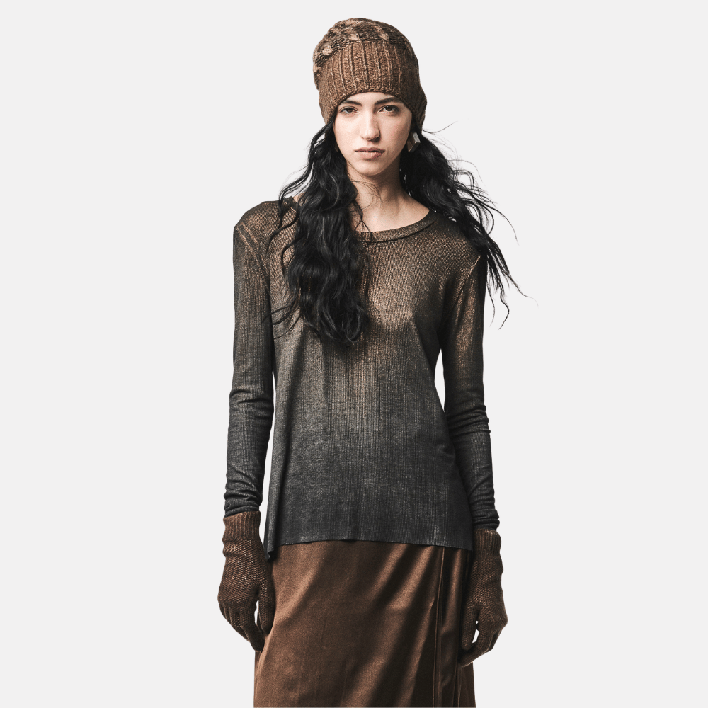Avant Toi Bronze-Laminated Micromodal Long-Sleeve T-Shirt in Nero
