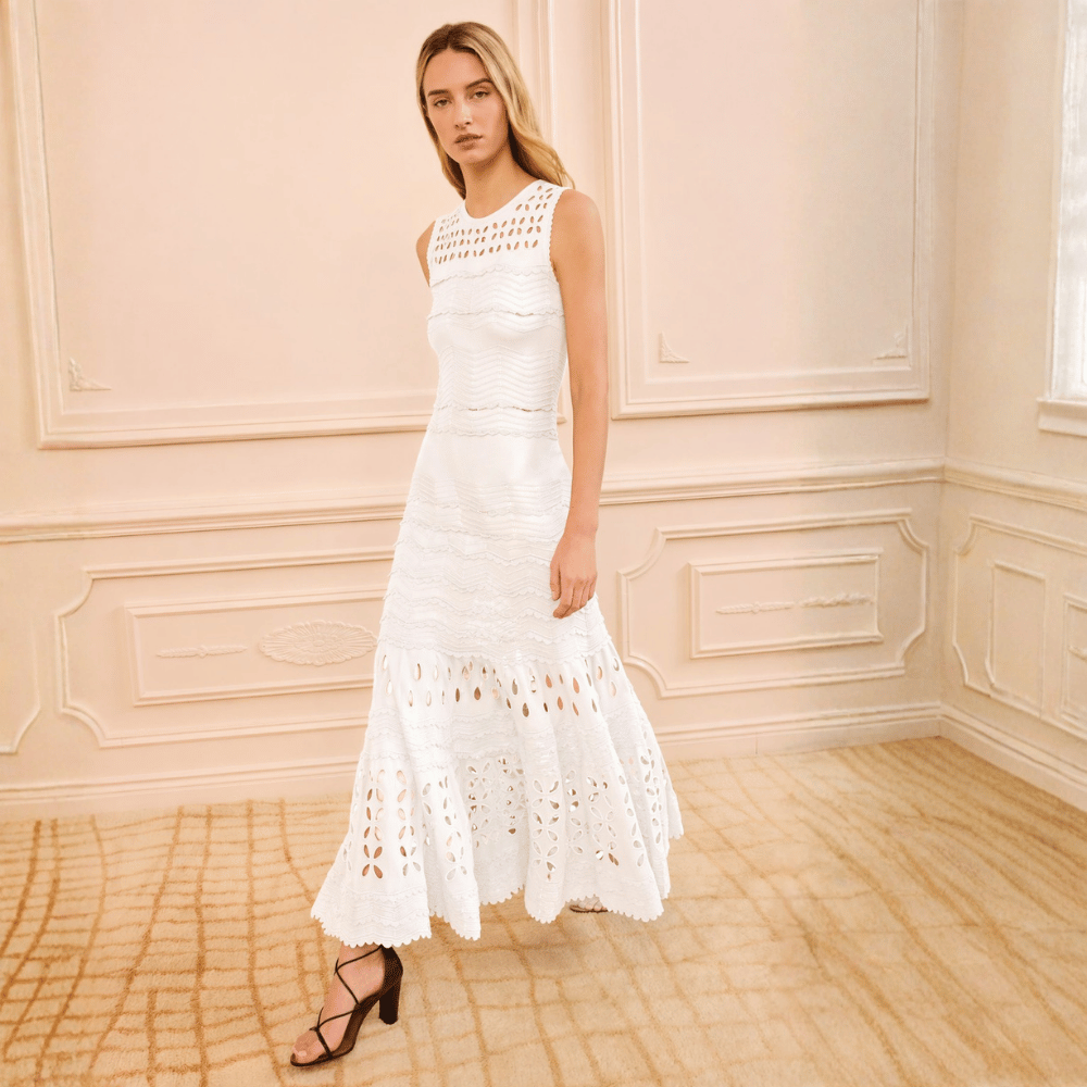 Ulla Johnson Lakshmi Eyelet Knit Maxi Dress in Cowrie – International designer fashion boutique Australia Riada Concept Woollahra