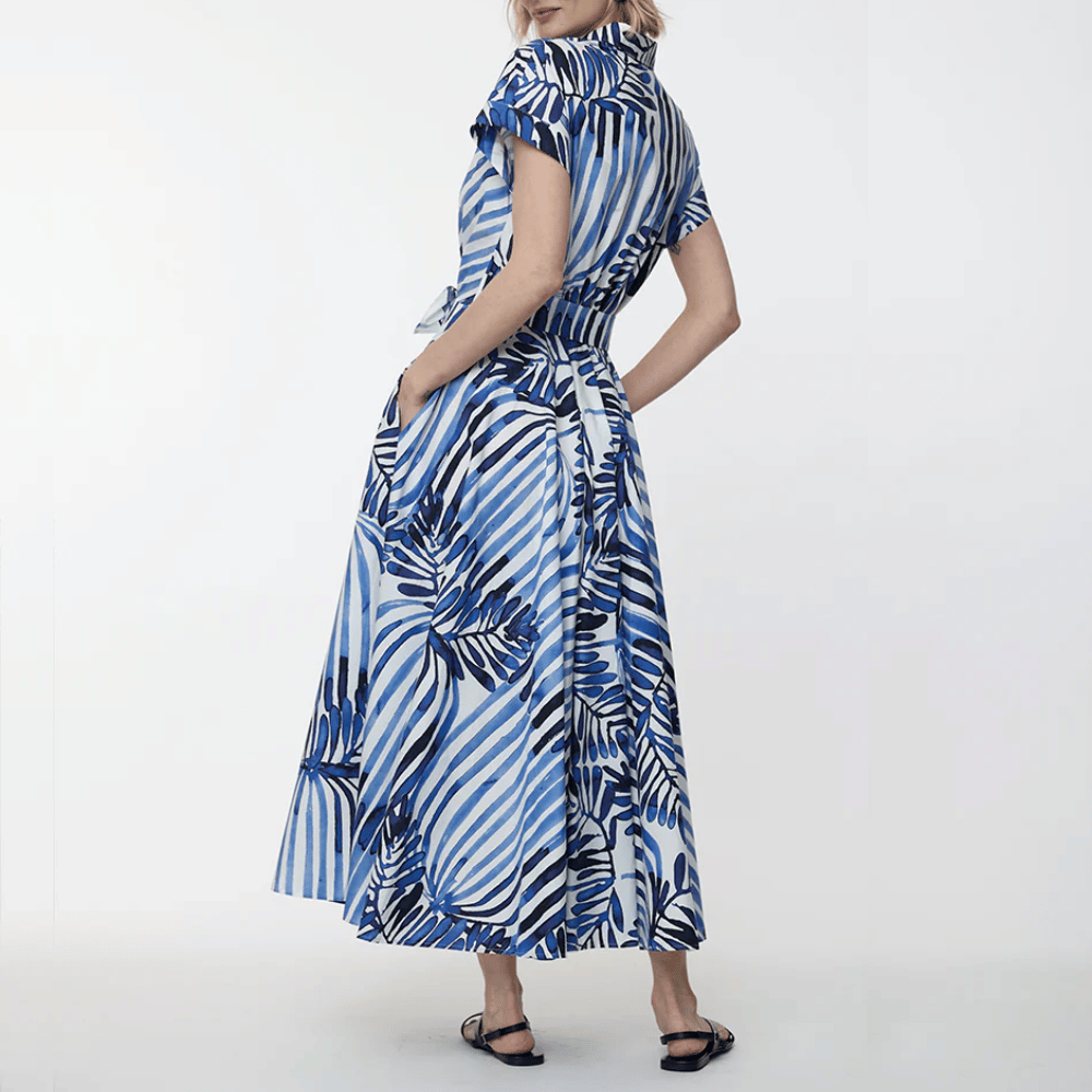 Sara Roka Drareen Tied Waist Shirt Dress in Indigo Deco Stripes – International designer fashion boutique Australia Riada Concept Woollahra
