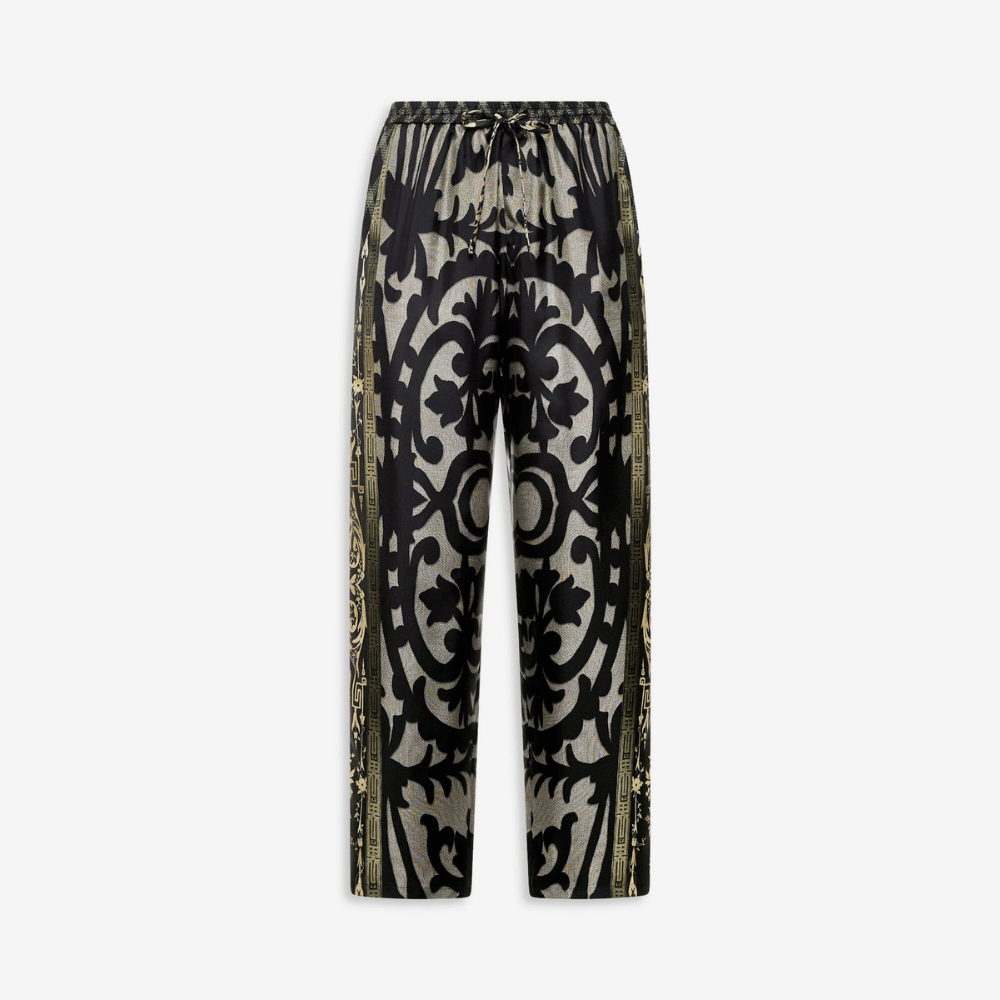 Pierre-Louis Mascia Aloe Silk Trousers in Black and Olive Baroque Motif PIERRE LOUIS MASCIA designer fashion online or in-store at Riada Concept, Sydney’s high-end fashion boutique in Australia.