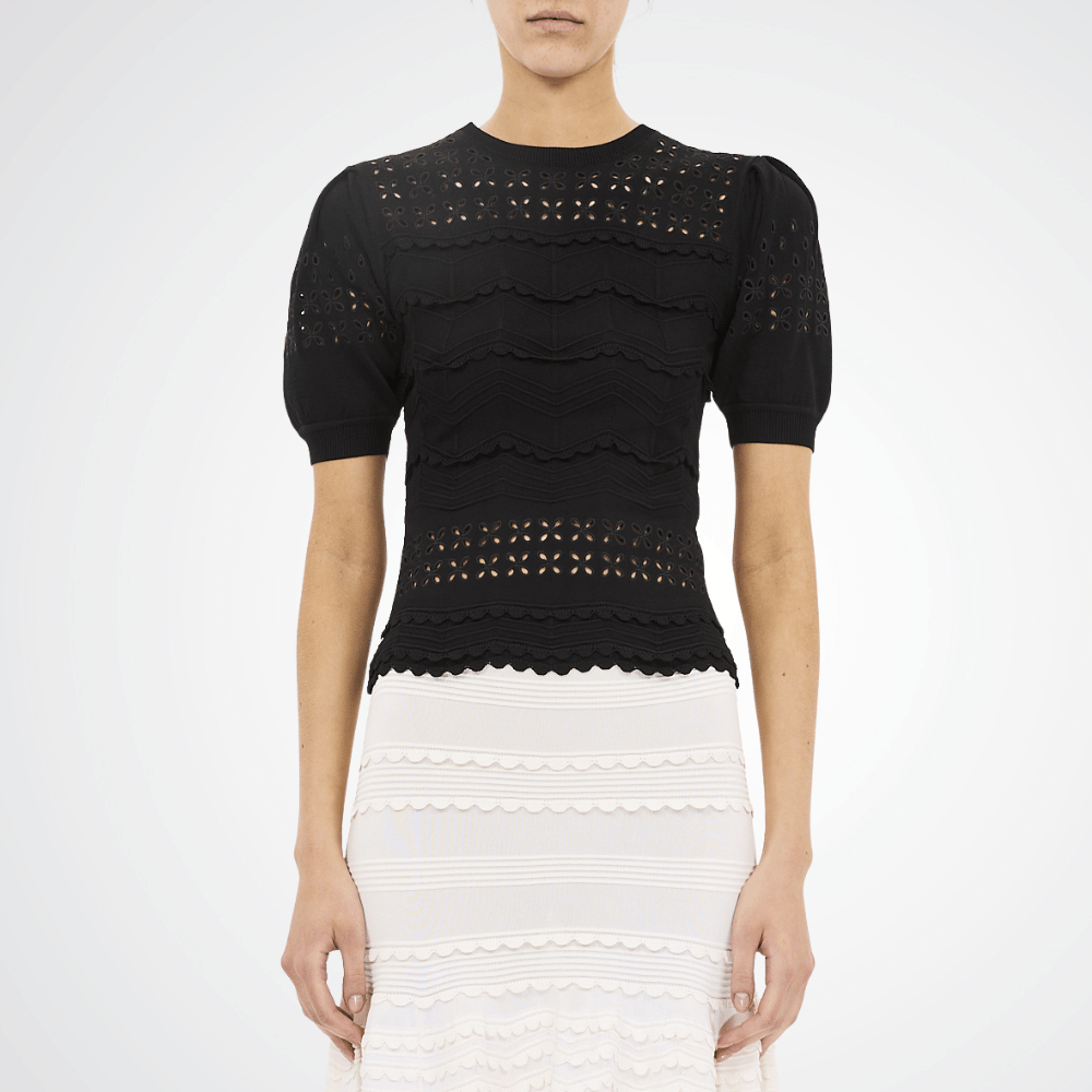 Ulla Johnson Marcelena Eyelet Knit Short Sleeve Top in Noir – International designer fashion boutique Australia Riada Concept Woollahra
