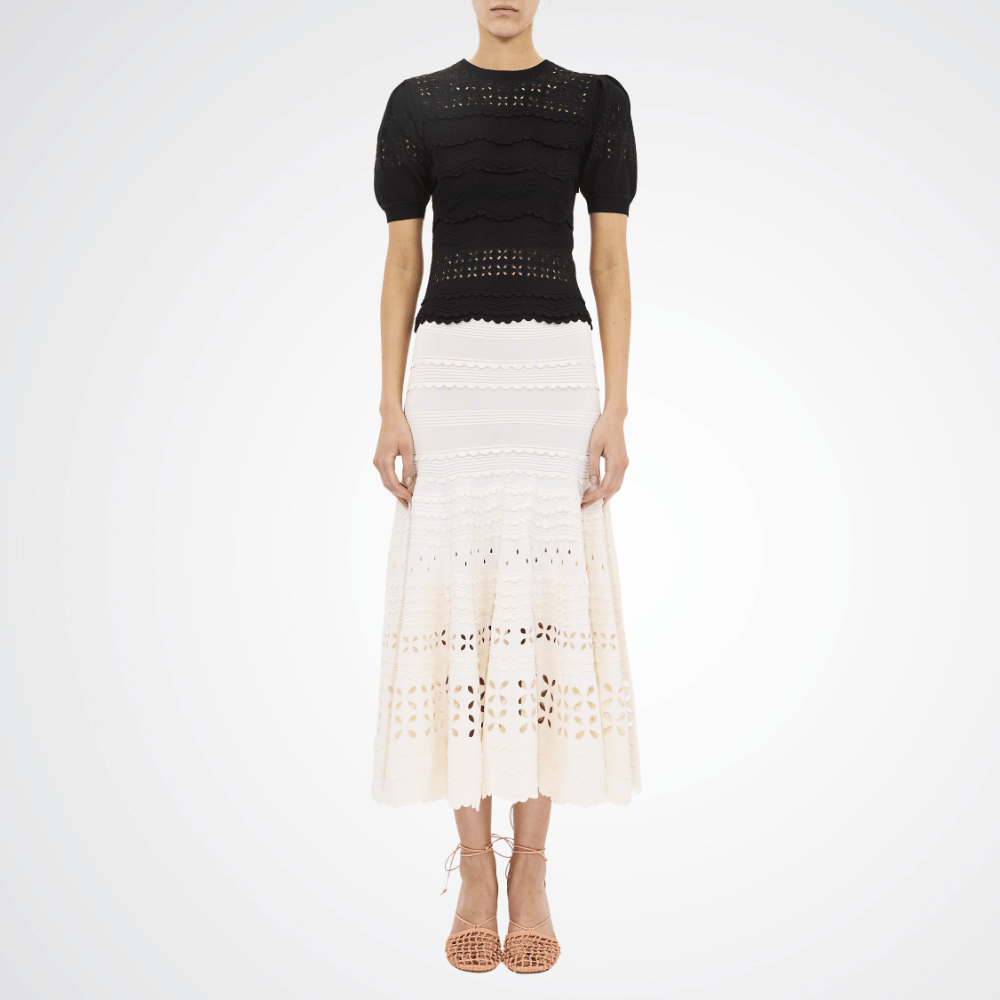 Ulla Johnson Marcelena Eyelet Knit Short Sleeve Top in Noir – International designer fashion boutique Australia Riada Concept Woollahra