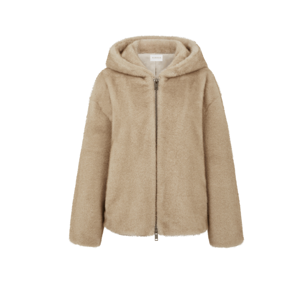 P.A.R.O.S.H. Faux Fur Hooded Jacket in Sand – International designer fashion boutique Australia Riada Concept Woollahra