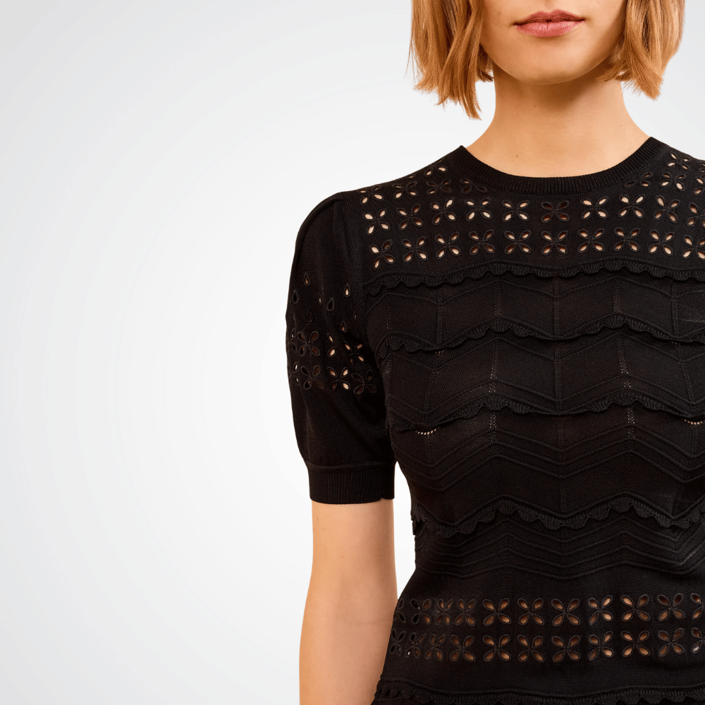 Ulla Johnson Marcelena Eyelet Knit Short Sleeve Top in Noir – International designer fashion boutique Australia Riada Concept Woollahra