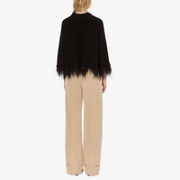 Philosophy di Lorenzo Serafini Recycled Cashmere Feather Trim Cardigan in Black, luxury Italian knitwear with tonal feather-trimmed hemline, available at Riada Concept Australia
