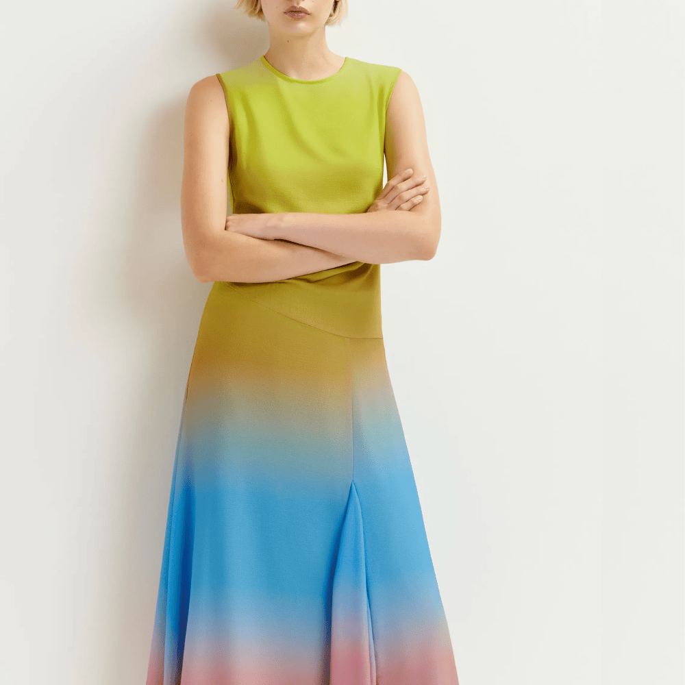 Essentiel Antwerp Homerun Sleeveless Tie-Dye Midi Dress in Yellow, Blue and Vintage Pink ESSENTIEL ANTWERP Designer fashion shop online and in store High End fashion boutique Sydney Australia Riada Concept