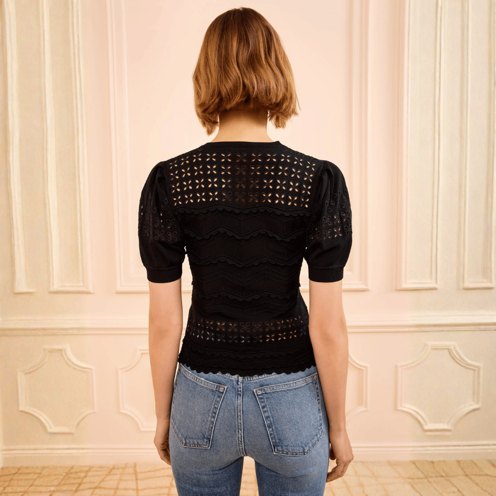 Ulla Johnson Marcelena Eyelet Knit Short Sleeve Top in Noir – International designer fashion boutique Australia Riada Concept Woollahra