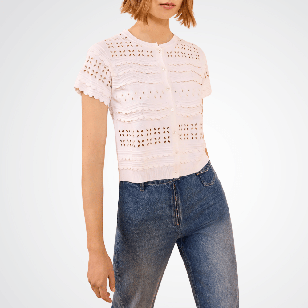 Ulla Johnson Abriana Eyelet Knit Cropped Cardigan in Cowrie – International designer fashion boutique Australia Riada Concept Woollahra